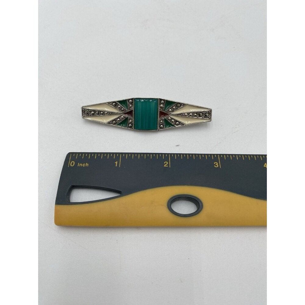 Vintage Silver Tone Turquoise Pin Brooch Bar Rhinestone Jewelry Scarf  2.5" Long - Picture 2 of 6